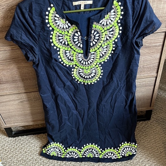 Jeweled and embroidered navy blue linen . Long tunic / worn as a mini dress - Picture 2 of 3